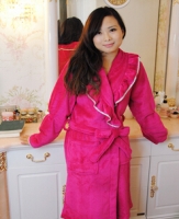 Women's plain coral fleece bathrobe+ silver lace collar